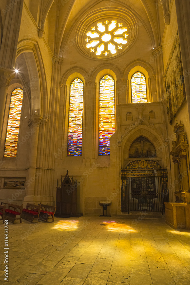 Detail of stained glass window in the interior of the Cathedral