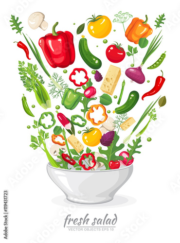 Fresh, ripe, delicious vegetables in vegan salad on white background