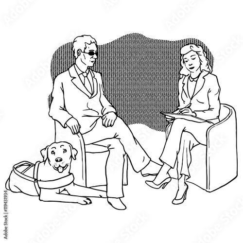 Retro illustration of a blind man applying for work with his dog