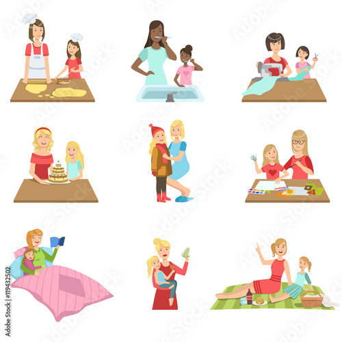 Mother And Daughter Passing Time Together Set Of Illustrations