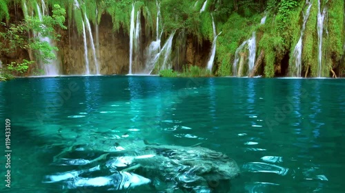 Forest lake in summer. Many waterfalls and clear water. Seamless loop. UHD