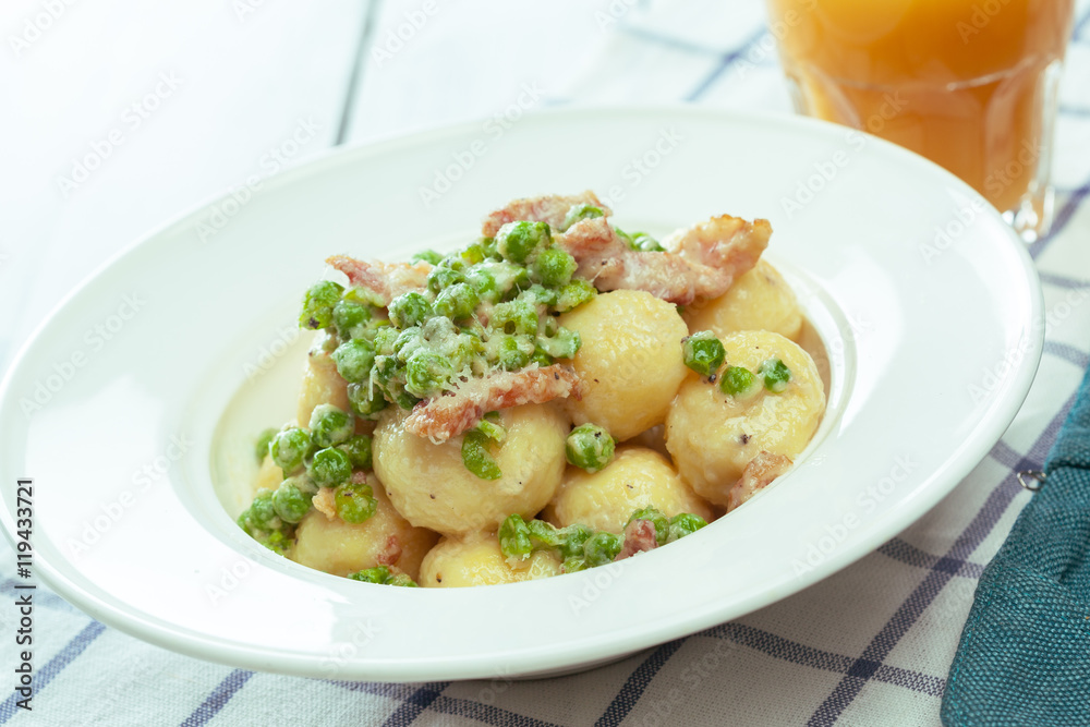 Potato dumplings with fried onion and bacon Potato dumplings with fried onion and bacon