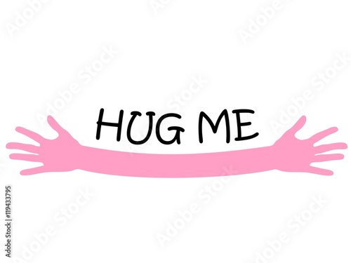 Hug me written above pink open arms hands, vector