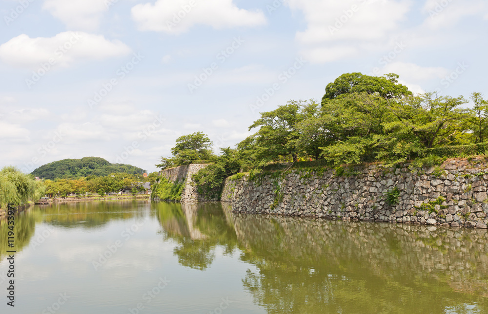 Moat and stone walls of Himeji castle, Japan. UNESCO site