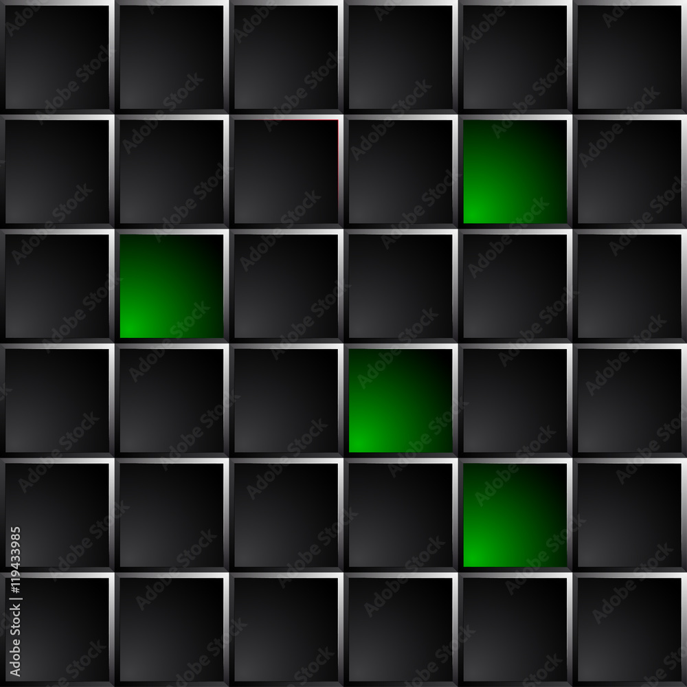 Industrial and technological dark background polished black squares. Green lights some figures.