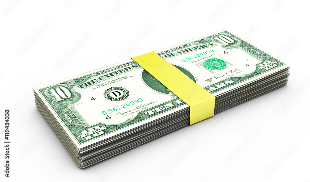 Pack of ten dollars bank notes. 3D illustration. Pack of ten dollars bank notes. 3D illustration.