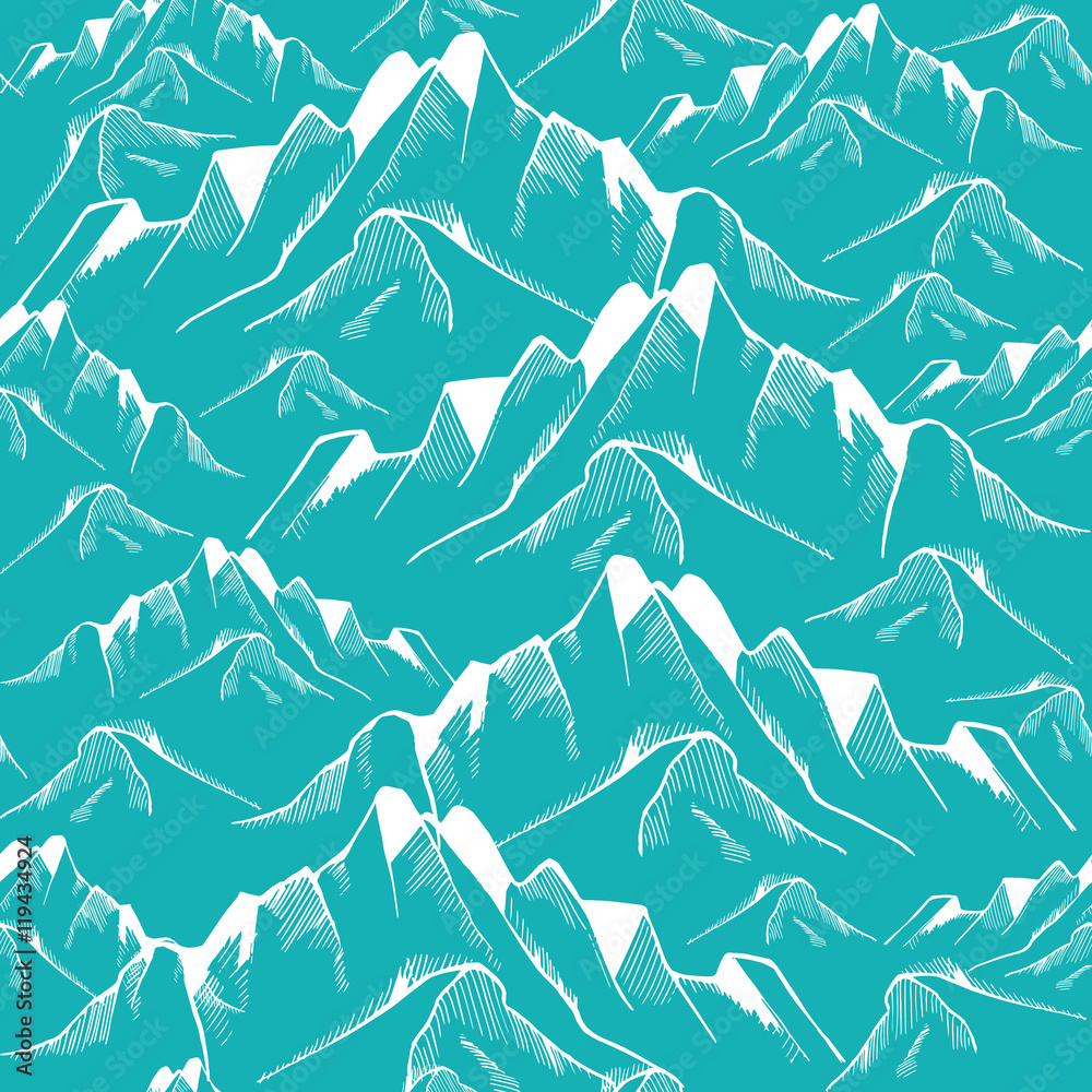 Hand drawn mountain seamless pattern. Landscape pattern. Vector illustration