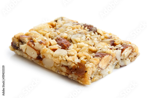 Nut and seed bar with Brazil nuts isolated on white.