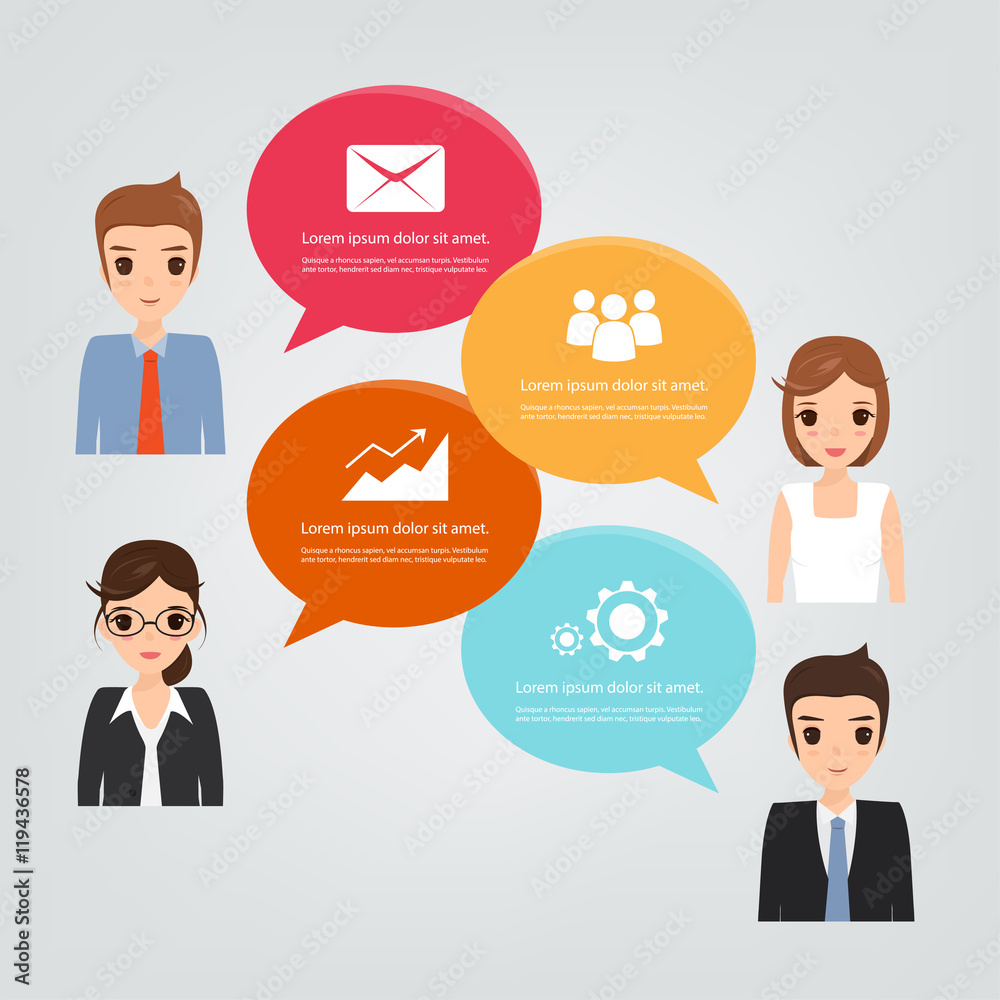 Infographics bubble speech template style. People with bubble sp Infographics bubble speech template style. People with bubble sp