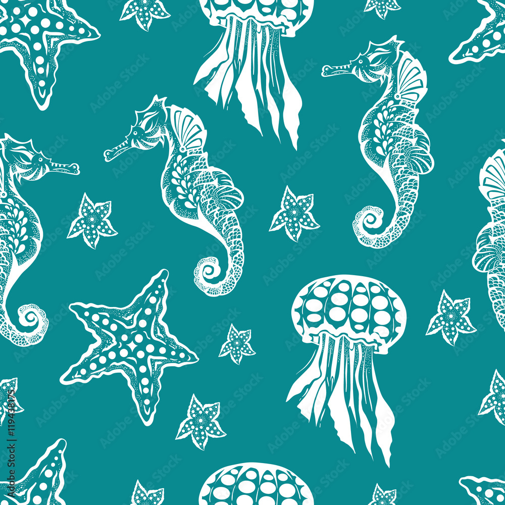 Seamless Marine theme black background. Endless pattern with seahorse ...