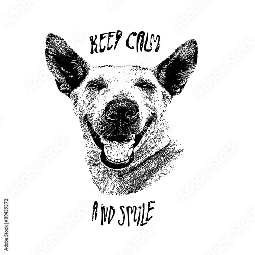 Portrait of laughing dog, who as seemed speaks - keep calm and smile