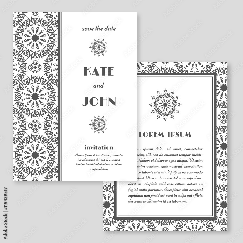 Wedding invitation, greeting card with mandala pattern. Save the Wedding invitation, greeting card with mandala pattern. Save the