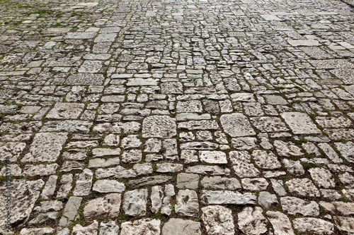 Old cobblestone pavement with moss growing between stones