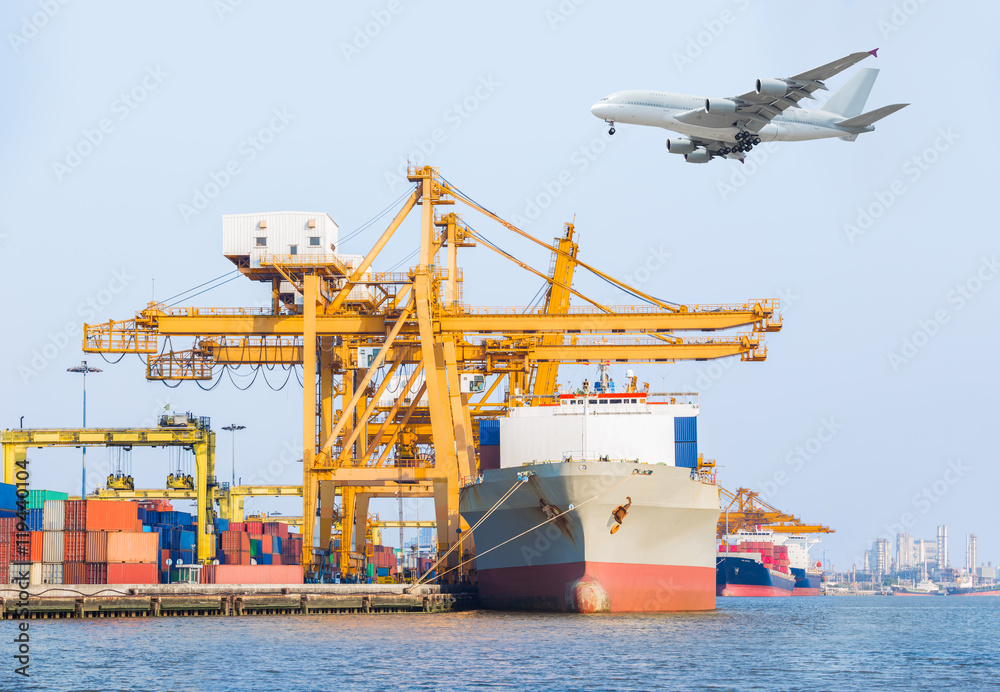 Container cargo freight ship with working crane loading bridge Container cargo freight ship with working crane loading bridge