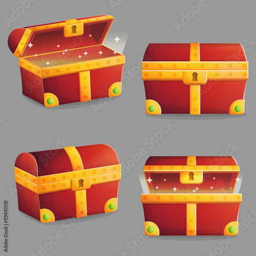 Illustration of an ancient treasure chest with riches shining inside of it. Different view angles and positions. Front and isometric view.