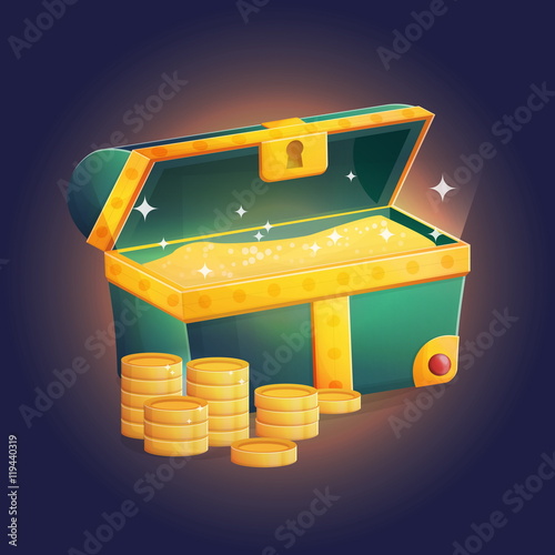 Illustration of an open unlocked ancient treasure chest with sparkling golden coins and other riches shining inside of it.