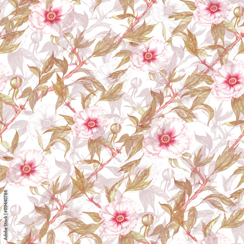 Hand drawn watercolor seamless pattern with white peony tree flowers and leaves