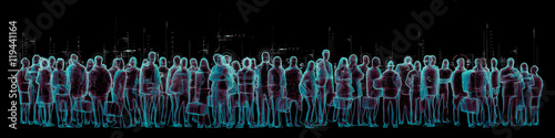Virtual reality crowd panorama / 3D illustration of simulated crowd of people and virtual data