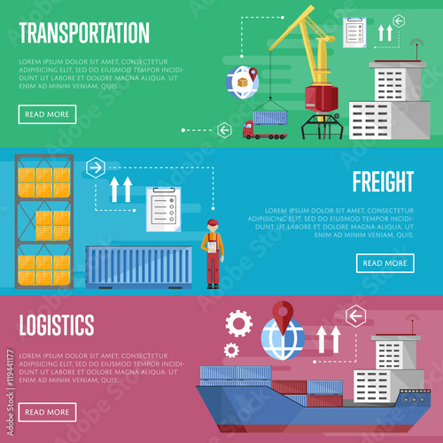 Sea port design concept set with container cargo and shipment flat design vector illustration. Cargo ship. Logistics and transportation infographic elements.