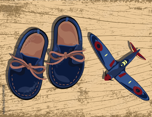 Boys casual shoes and plane toy Vector