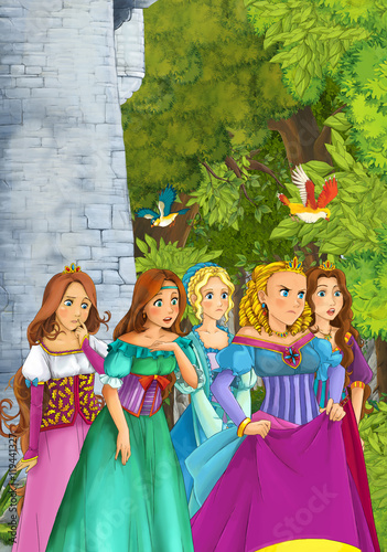 Cartoon scene of many young girls in traditional clothing - medieval times - beautiful manga girls - with coloring page - illustration for children