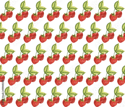 Strawberry Vintage pattern Vector. Watercolor painting. Red berry, green colors