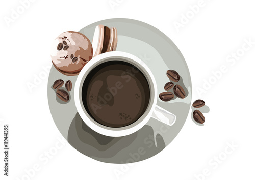 Coffee or Tea cup with Macaroons. Vintage Delicious Vector Illustration