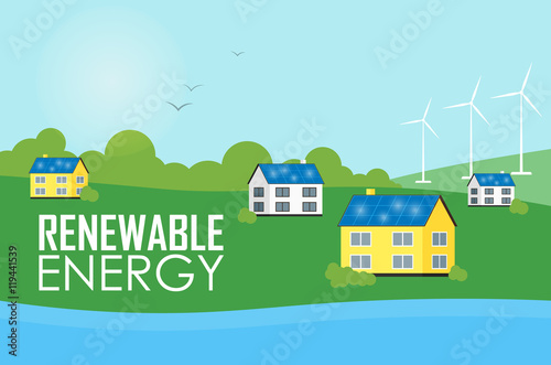 Renewable energy vector illustration. Eco settlement near river. Houses with blue solar panels on the roof. White wind generator turbines. The production of energy from the sun and wind.