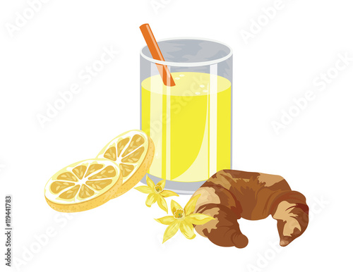 Orange juice and vanilla croissant Vector isolated on white background