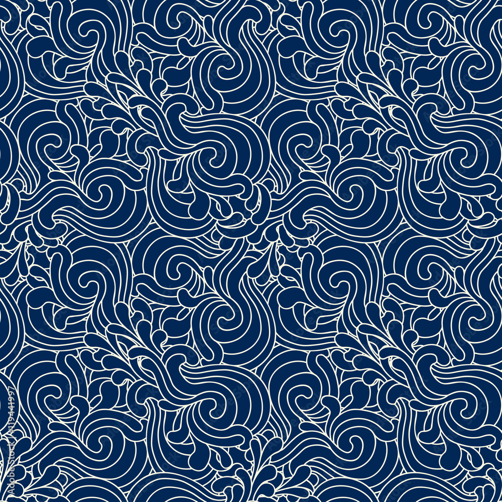 Seamless decorative zentangle graphic pattern on dark blue backg