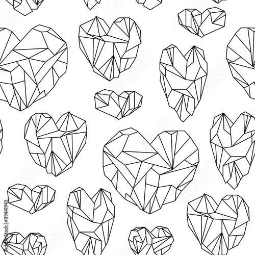 Seamless pattern made of mineral heart-shaped crystals on white