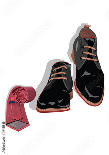 Black classic male shoes and red tie. Black elegant shoes and tie Vector
