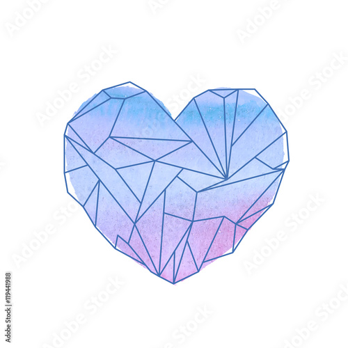 Watercolor mineral heart-shaped crystal on white background