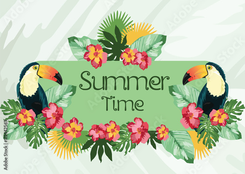 Exotic tropical Summer card with toucan parrot birds and flowers. Vector back...