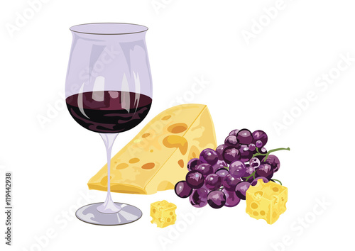 Glasses of wine with grapes and piece of cheese. Food background Vector