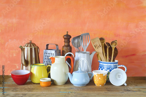 vintage kitchen utensils and tableware  cooking concept