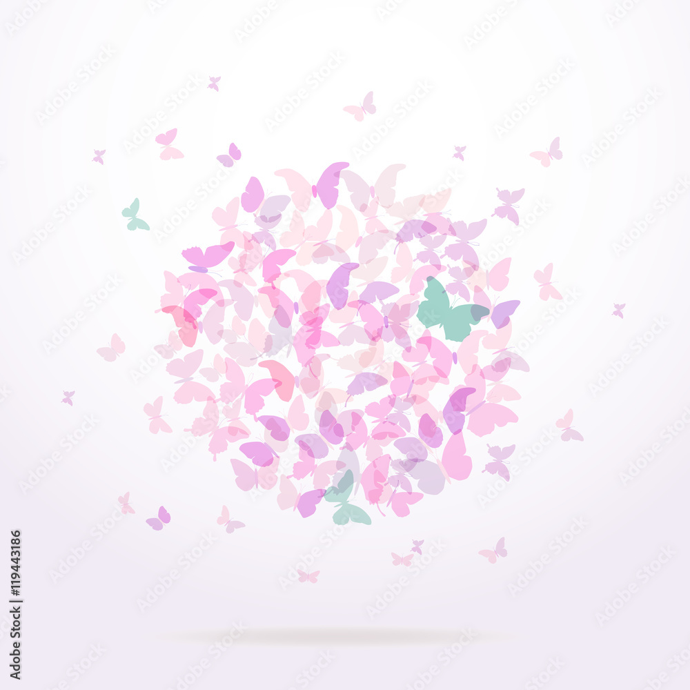 summer round banner, card design, Colorful pink butterfly on white background. Vector