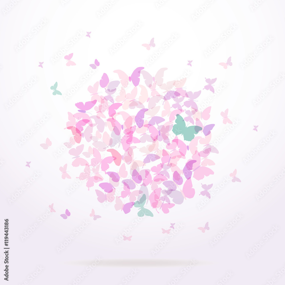 summer round banner, card design, Colorful pink butterfly on white background. Vector summer round banner, card design, Colorful pink butterfly on white background. Vector