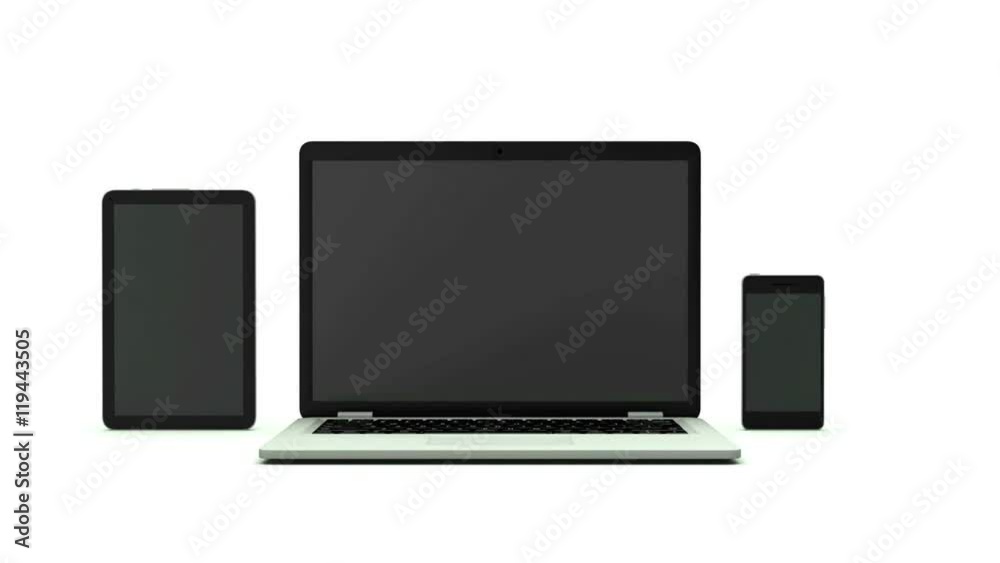 Modern laptop, tablet and smartphone with green screen. Animation on white background. chroma key and alpha channel. Modern laptop, tablet and smartphone with green screen. Animation on white background. chroma key and alpha channel.