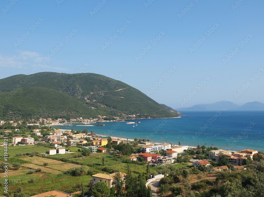 Aerial view of Vasiliki  city and beach in Lefkada, Greece. 