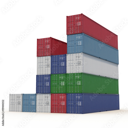 Stacked color cargo containers over white 3D Illustration