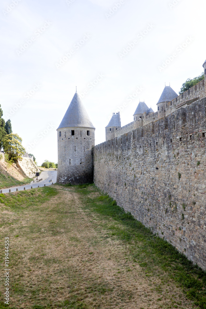 wall and a tower in Carcassonne city, France