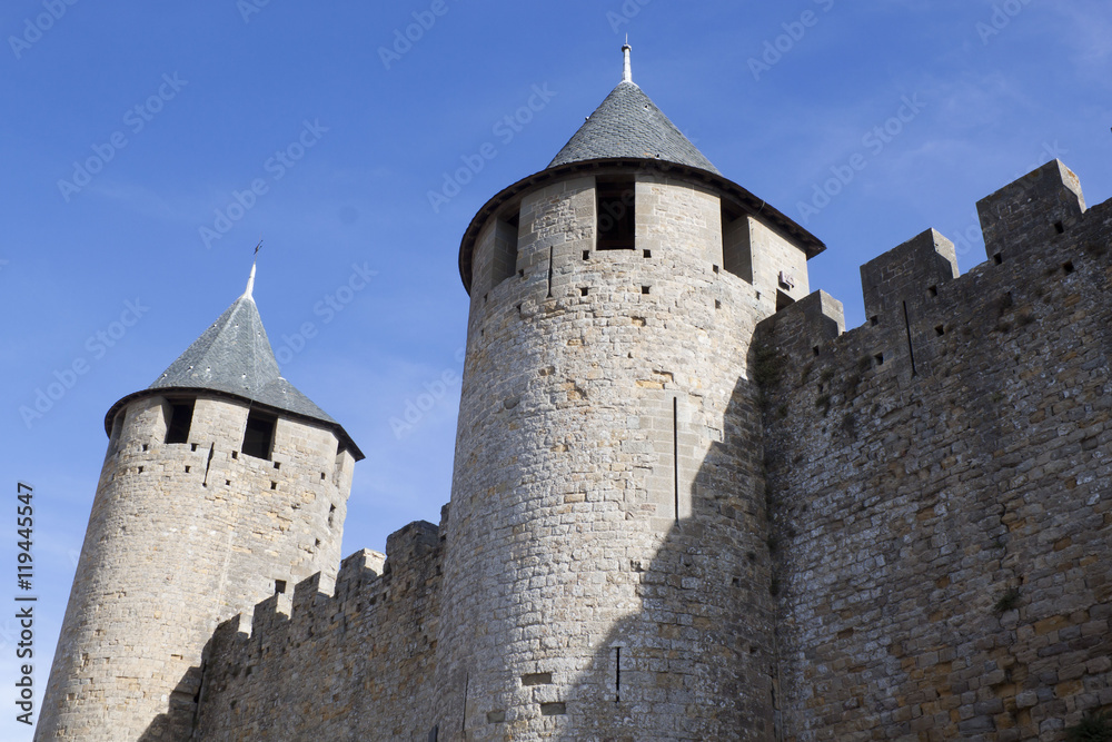 two towers and their walls in Carcassonne city, France