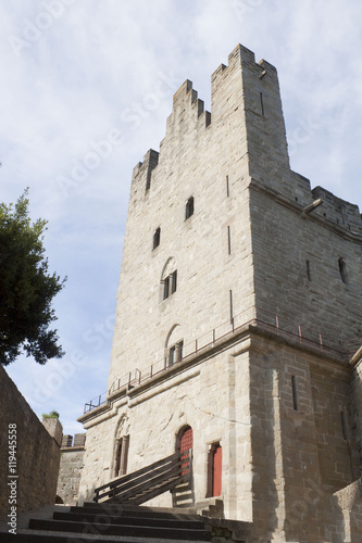 Tower of Carcassonne city with stairs to the door