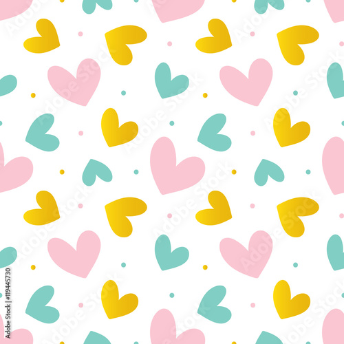 Cute pink, mint green and gold hearts seamless pattern background.