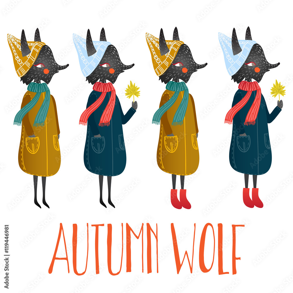 Fototapeta premium Illustration of very cute autumn wolf. cute little fox in cartoon style and autumn clothes
