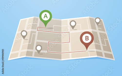 Flat city map with location pins showing start and end point of route vector illustration