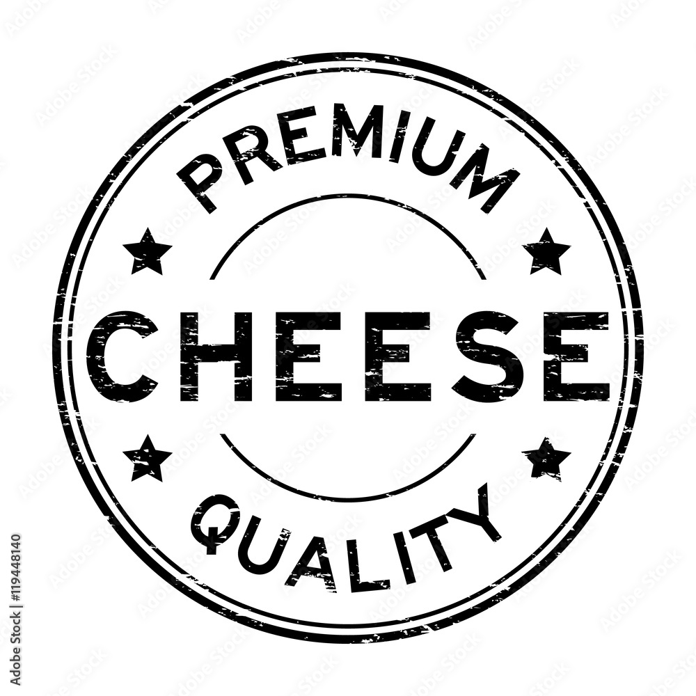 Grunge black premium quality cheese rubber stamp on white backgr
