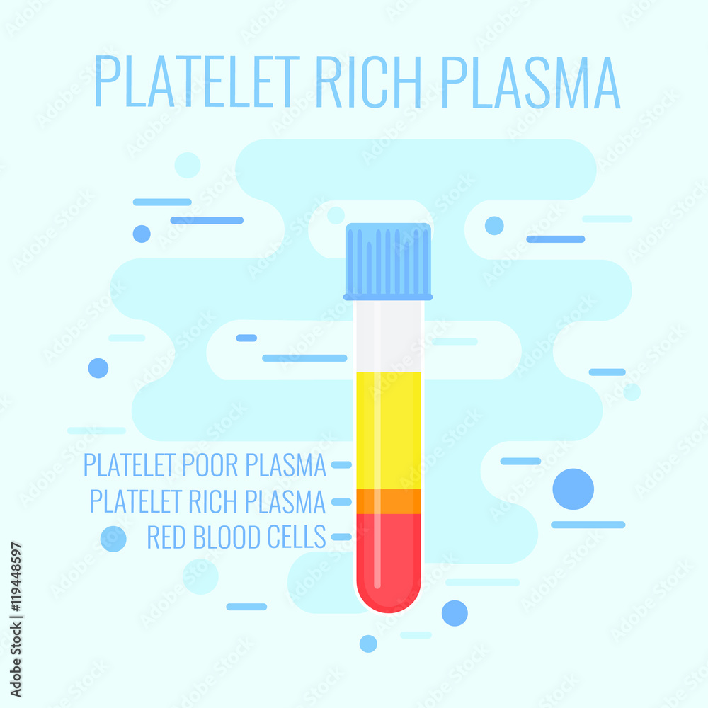 Test tube filled with blood for PRP procedure on blue background