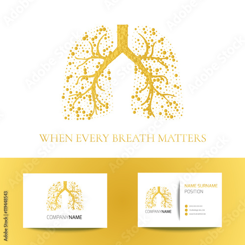 Medical business card template with lungs filled with air bubbles on white background. Gold vector lungs logo graphic design for pulmonary clinics and medical centers. 

